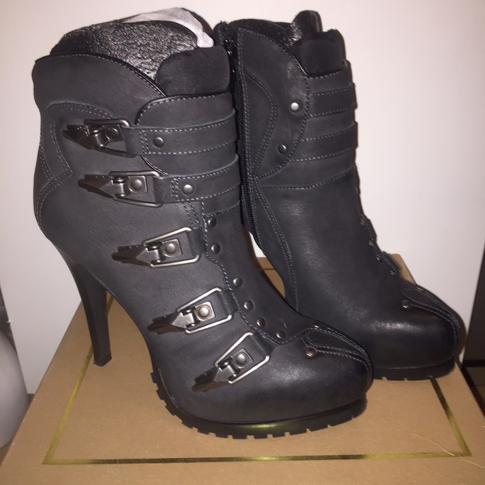Ash Charcoal Heeled Boots with Strap Accents - Picture 3 of 4
